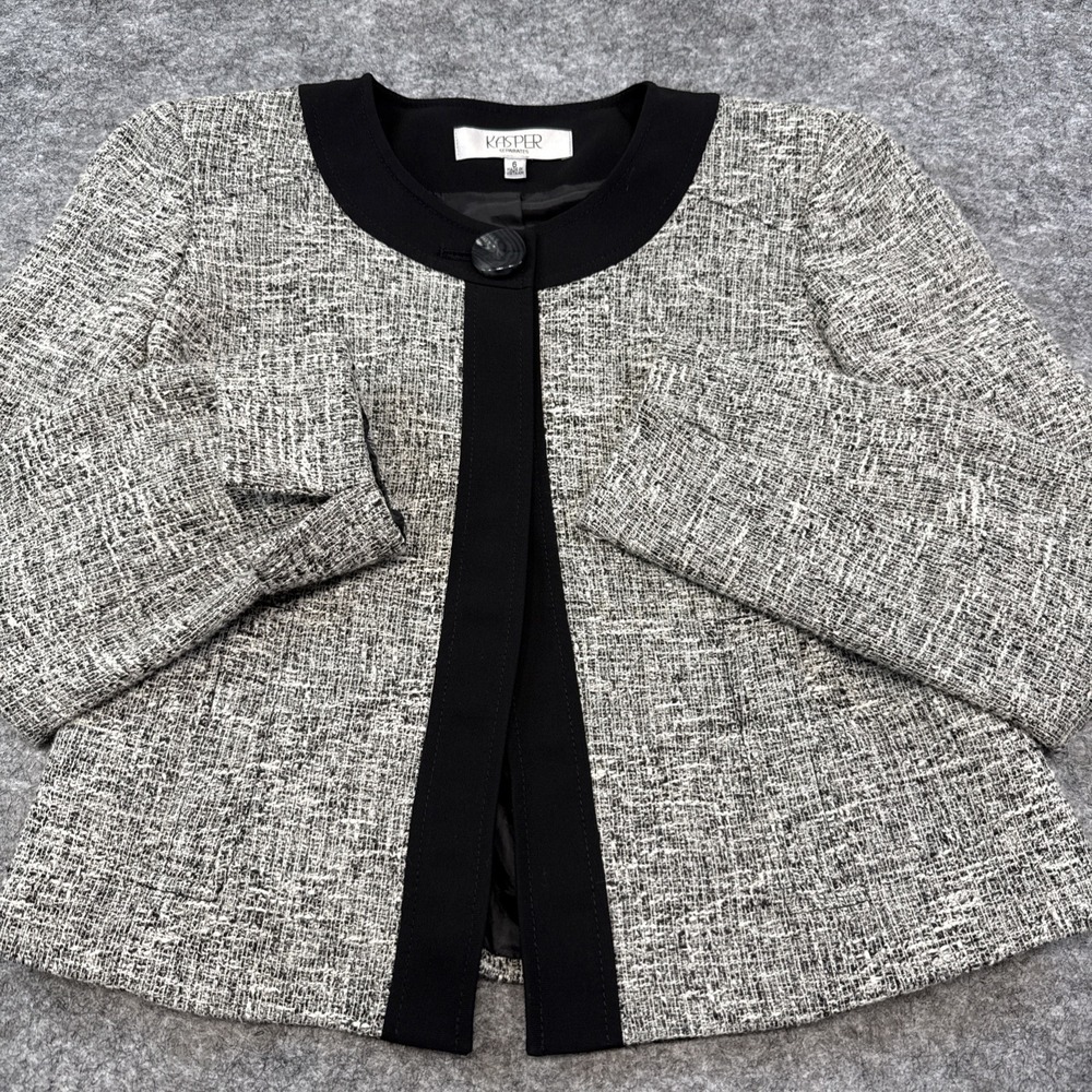 Kasper blazer suit jacket womens 6 black cream tweed flip cuff one button career